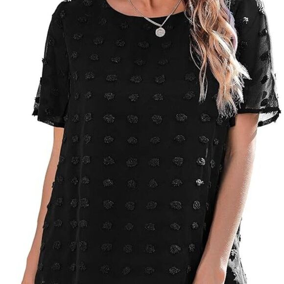 Womens Chiffon Blouse - Round Neck - Short Sleeve Pom Pom Top - Large - Picture 1 of 3